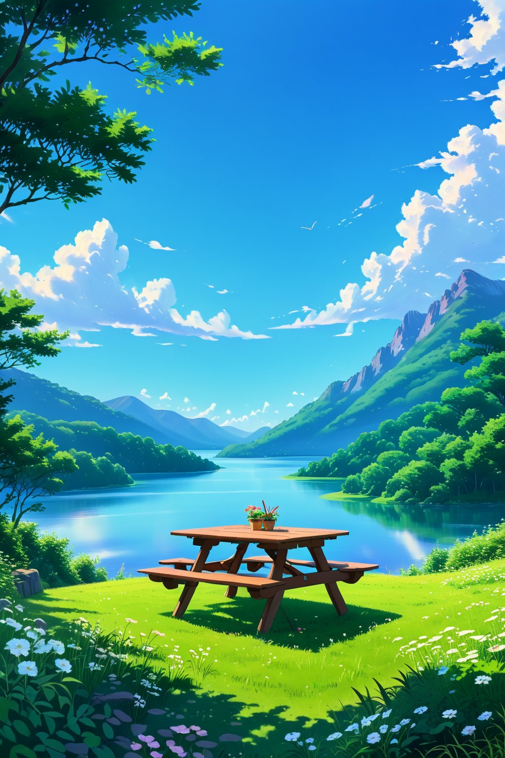 A picnic table set for four sits on a grassy knoll overlooking a tranquil lake. The water is a vibrant blue, reflecting the clear sky above. The mountains in the background are a hazy green, with a few white clouds floating by. The scene is bathed in warm sunlight, creating a sense of peace and tranquility. Anime-style landscape, with a touch of Studio Ghibli, vibrant colors, and a soft, dreamy feel. Wide-angle lens, shallow depth of field, soft lighting, bright colors, a smooth, painterly texture, and a background of lush greenery and mountains. 4K UHD