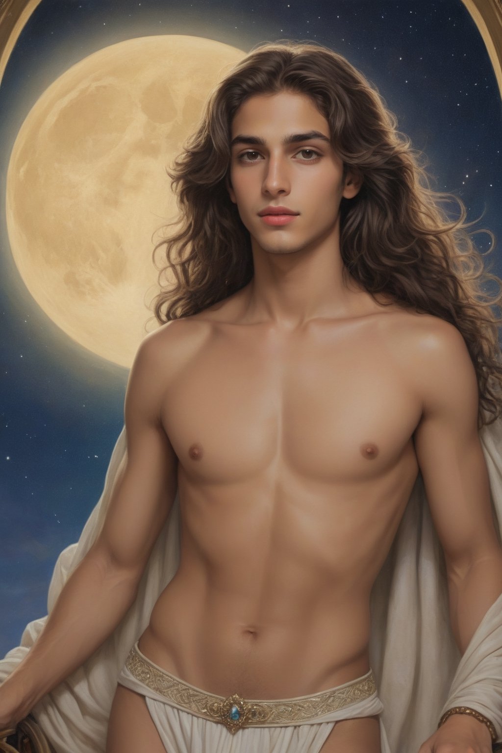 A painting of a beautiful young androgynous Arab male with long lustrous and silky wavy brown hair and a rounded delicate face, light olive skin, shirtless, petite and skinny body with wide hips and a small narrow waist, a delicate feminine torso with defined breasts, riding inside a royal carriage, through a majestic kingdom and a vibrant night sky visible through the carriage's window, 4K UHD