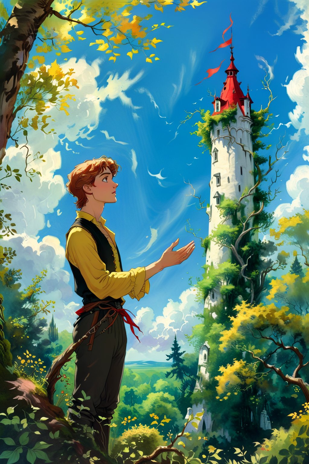 A beautiful androgynous long-haired young man in a yellow and black doublet stands in a forest, gazing up at a tall white tower with a red roof. He looks up in awe, his hand outstretched as if reaching for something. The tower is surrounded by lush greenery and a twisting, gnarled tree branch. The sky is a soft blue with white clouds. Classical fantasy storybook illustration, in the style of Arthur Rackham, with a touch of Gustav Doré.]soft, diffused light, warm colors, textured brushstrokes, 4K UHD