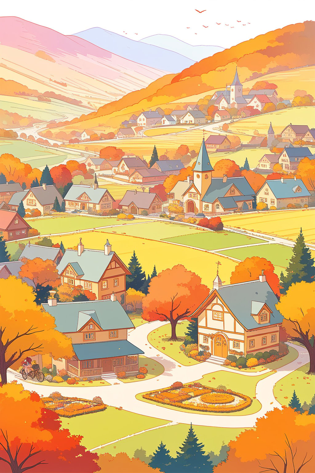 A charming, colorful illustration of a quaint village scene, an idyllic autumn day in a whimsical style reminiscent of children's book illustrations, a cluster of colorful buildings formed along a street in the foreground decorated with pumpkins, flower boxes, and autumn garlands, street lined with trees in fall colors and parked bicycles, background shows rolling hills with farmland, orchards, ponds, and more houses scattered about, landscape is painted in warm autumnal hues of orange, yellow, and brown, scene framed by fall foliage, with leaves falling around the edges of the image, 4K UHD