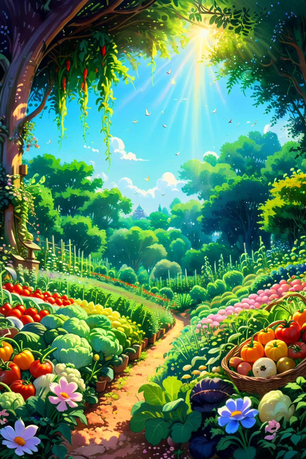 A charmingly colourful and idyllic painting showcasing a vast vegetable garden, vegetables of magnificent variety, the scene is bathed in warm sunlight, creating a sense of peace and tranquility, anime-style landscape, with a touch of Studio Ghibli, and a soft, dreamy feel, wde-angle lens, soft lighting, bright colors, a smooty painterly texture, lush greenery, 4K UHD