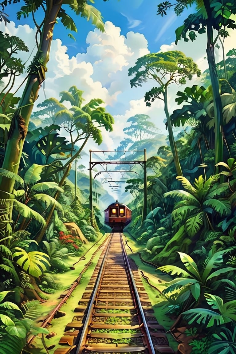 A digital painting, of a train track nestled within a tropical jungle, where lush greenery reigns supreme, vibrant hues of foliage, the train track stands as a majestic structure amidst the dense green canopy, displaying tranquility and adventure, inviting viewers to imagine the rhythmic sound of the train passing through, echoing in harmony with the soothing ambiance of the jungle, 4K UHD