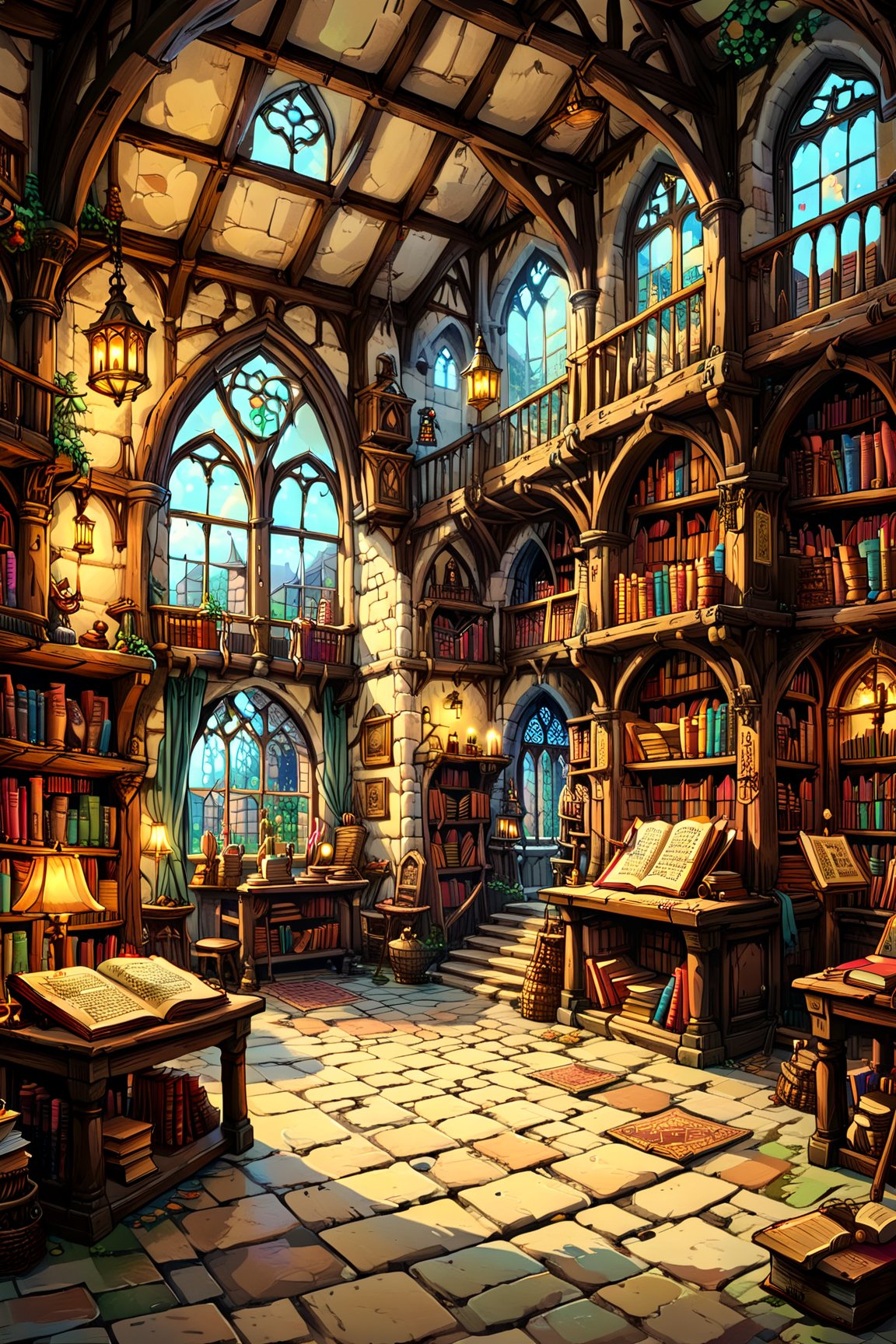 A charming and idyllic fairytale painting, showcasing a medieval bookstore interior, fairytale, 4K UHD,2d game scene