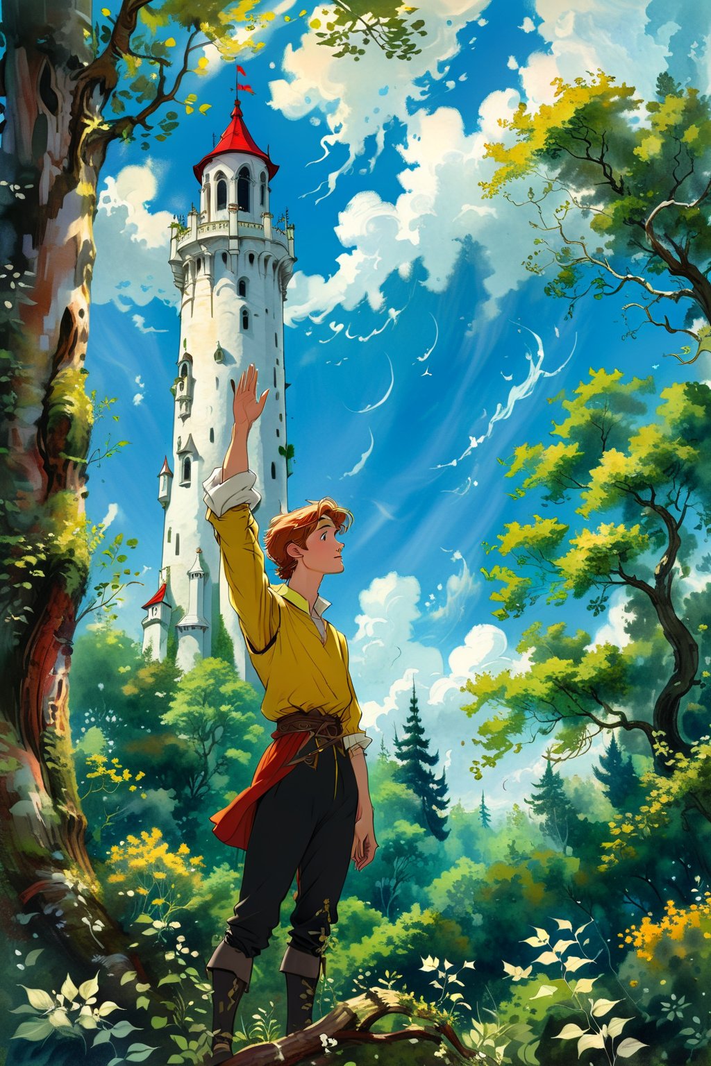 A beautiful androgynous long-haired young man in a yellow and black doublet stands in a forest, gazing up at a tall white tower with a red roof. He looks up in awe, his hand outstretched as if reaching for something. The tower is surrounded by lush greenery and a twisting, gnarled tree branch. The sky is a soft blue with white clouds. Classical fantasy storybook illustration, in the style of Arthur Rackham, with a touch of Gustav Doré.]soft, diffused light, warm colors, textured brushstrokes, 4K UHD