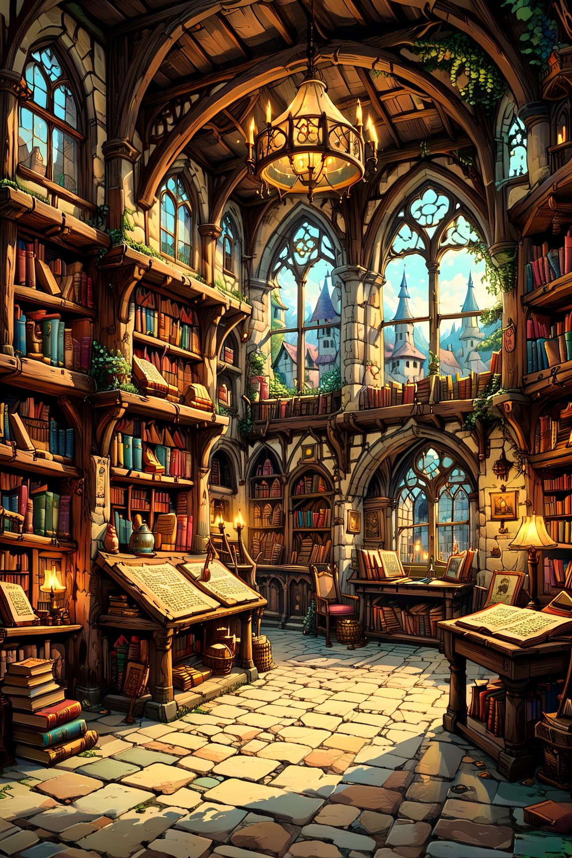 A charming and idyllic fairytale painting, showcasing a medieval bookstore interior, fairytale, 4K UHD,2d game scene