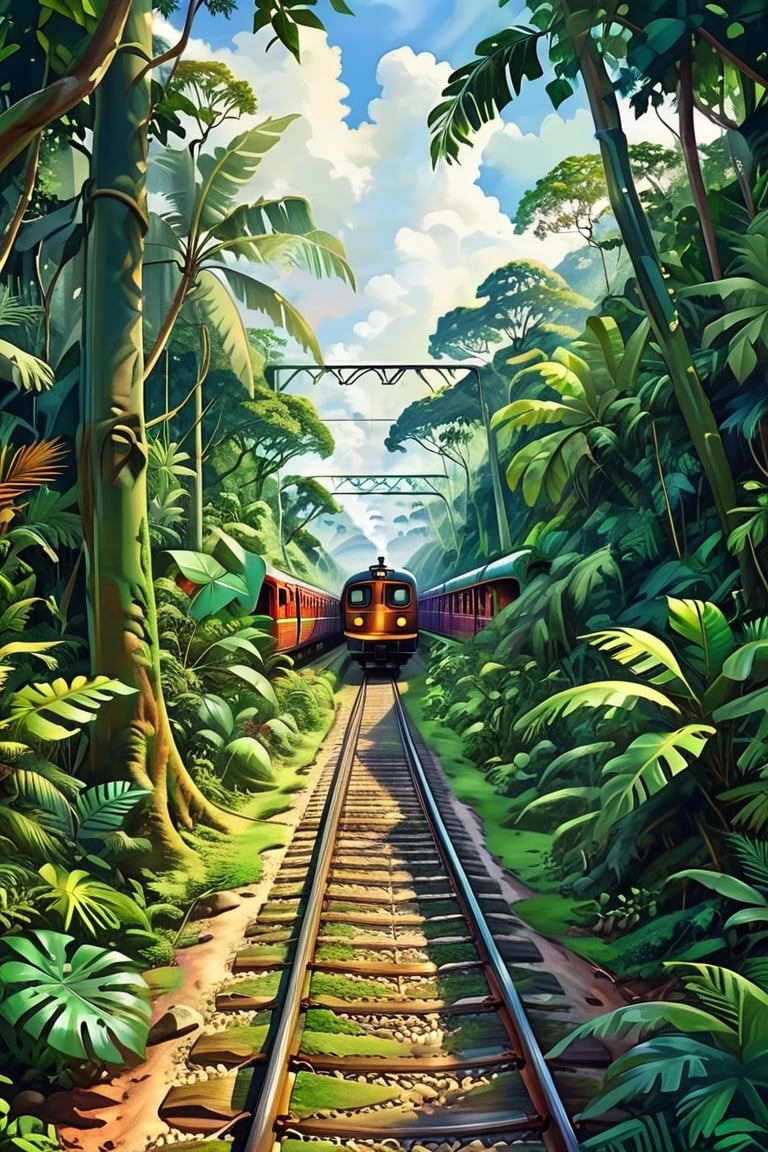 A digital painting, of a train track nestled within a tropical jungle, where lush greenery reigns supreme, vibrant hues of foliage, the train track stands as a majestic structure amidst the dense green canopy, displaying tranquility and adventure, inviting viewers to imagine the rhythmic sound of the train passing through, echoing in harmony with the soothing ambiance of the jungle, 4K UHD