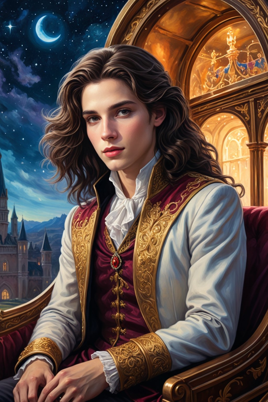 A painting of a beautiful young androgynous prince with long lustrous and silky wavy dark brown hair and a rounded delicate face, riding inside a royal carriage, through a magestic kingdom and a vibrant night sky visible through the carriage's window, 4K UHD