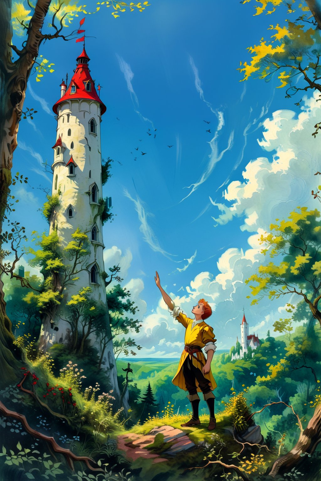 A young man in a yellow and black doublet stands in a forest, gazing up at a tall white tower with a red roof. He looks up in awe, his hand outstretched as if reaching for something. The tower is surrounded by lush greenery and a twisting, gnarled tree branch. The sky is a soft blue with white clouds. Classical fantasy storybook illustration, in the style of Arthur Rackham, with a touch of Gustav Doré.]soft, diffused light, warm colors, textured brushstrokes, 4K UHD