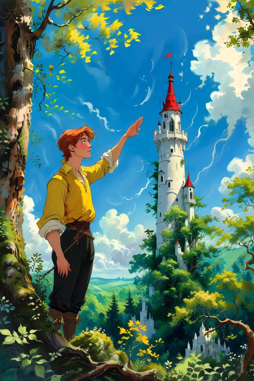 A beautiful androgynous long-haired young man in a yellow and black doublet stands in a forest, gazing up at a tall white tower with a red roof. He looks up in awe, his hand outstretched as if reaching for something. The tower is surrounded by lush greenery and a twisting, gnarled tree branch. The sky is a soft blue with white clouds. Classical fantasy storybook illustration, in the style of Arthur Rackham, with a touch of Gustav Doré.]soft, diffused light, warm colors, textured brushstrokes, 4K UHD