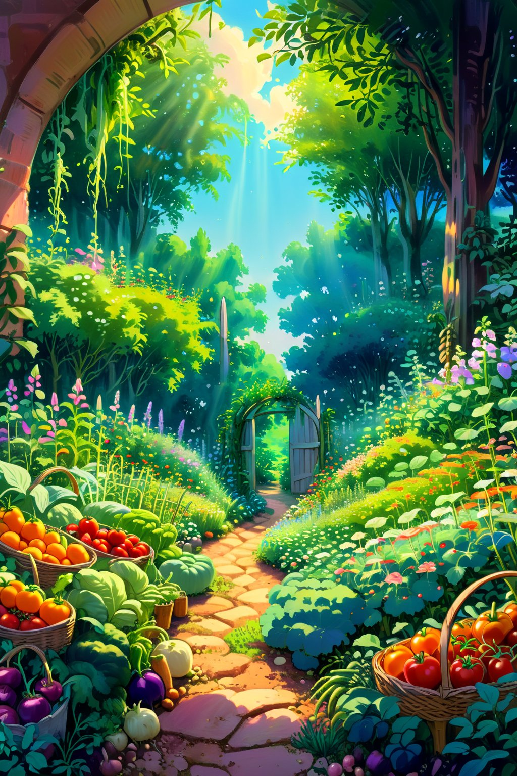 A charmingly colourful and idyllic painting showcasing a vast vegetable garden, vegetables of magnificent variety, the scene is bathed in warm sunlight, creating a sense of peace and tranquility, anime-style landscape, with a touch of Studio Ghibli, and a soft, dreamy feel, wde-angle lens, soft lighting, bright colors, a smooty painterly texture, lush greenery, 4K UHD