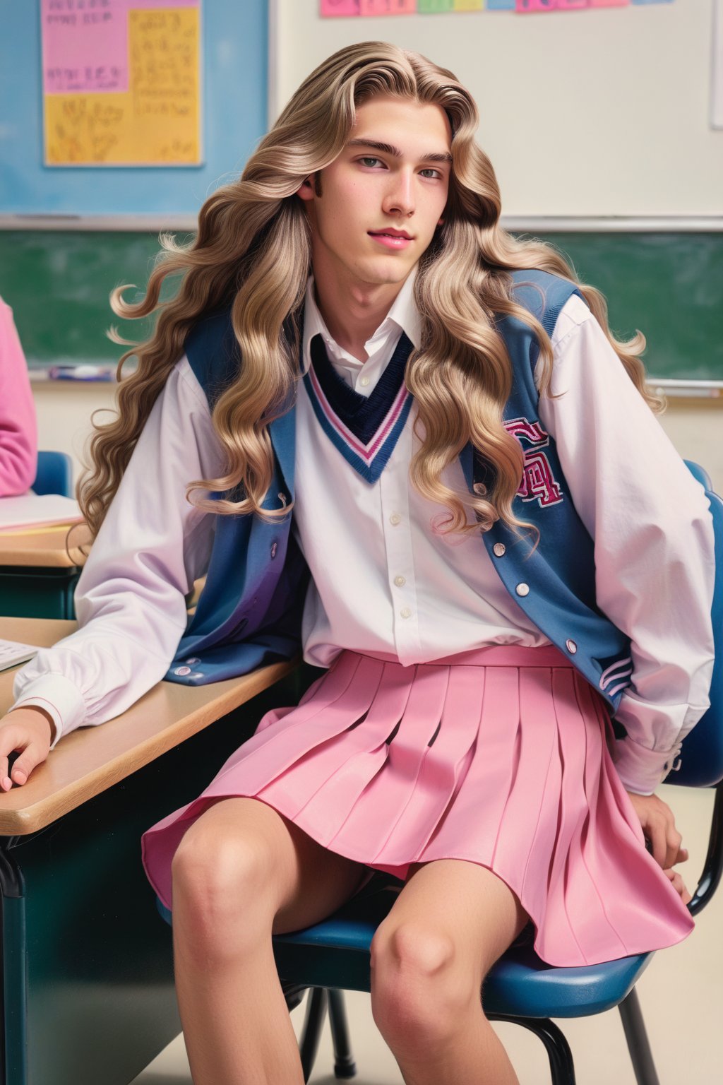 A detailed wide-scale painting showcasing a beautiful young androgynous male with long locks of flowing wavy hair, sitting on top of his desk in an American high school classroom, wearing a pink mini-skirt, illustration, 1male, pink mini-skirt, 4K UHD