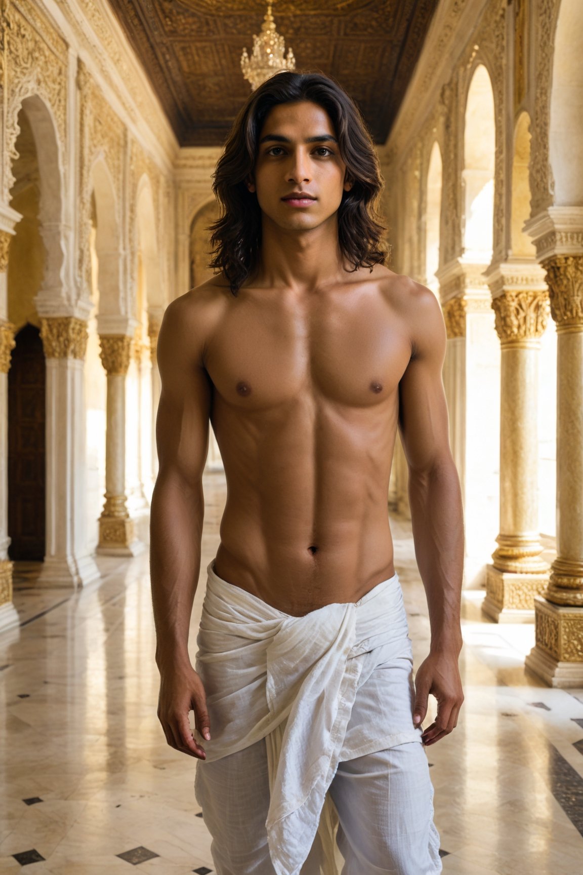 A captivating painting of a beautiful young androgynous Indian male with long wavy dark brown hair and smooth skin, olive skin, slim and petite body, standing inside a grand palace hallway, interior, wearing a white dhoti and shirtless on top, full-body shot, 4K UHD