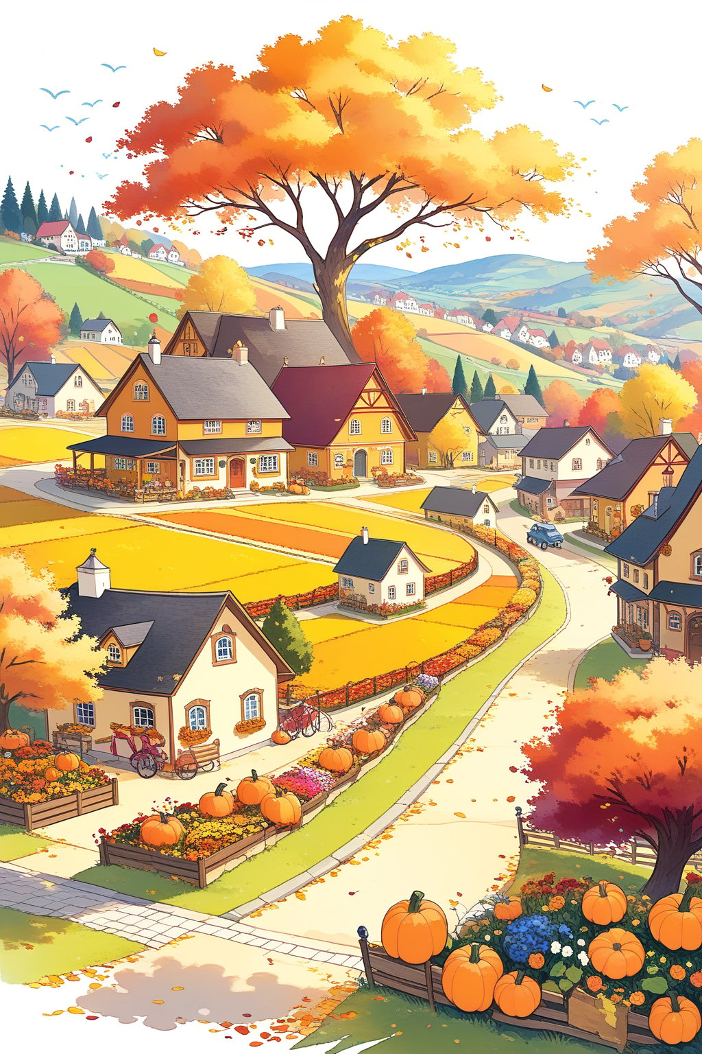 A charming, colorful illustration of a quaint village scene, an idyllic autumn day in a whimsical style reminiscent of children's book illustrations, a cluster of colorful buildings formed along a street in the foreground decorated with pumpkins, flower boxes, and autumn garlands, street lined with trees in fall colors and parked bicycles, background shows rolling hills with farmland, orchards, ponds, and more houses scattered about, landscape is painted in warm autumnal hues of orange, yellow, and brown, scene framed by fall foliage, with leaves falling around the edges of the image, 4K UHD