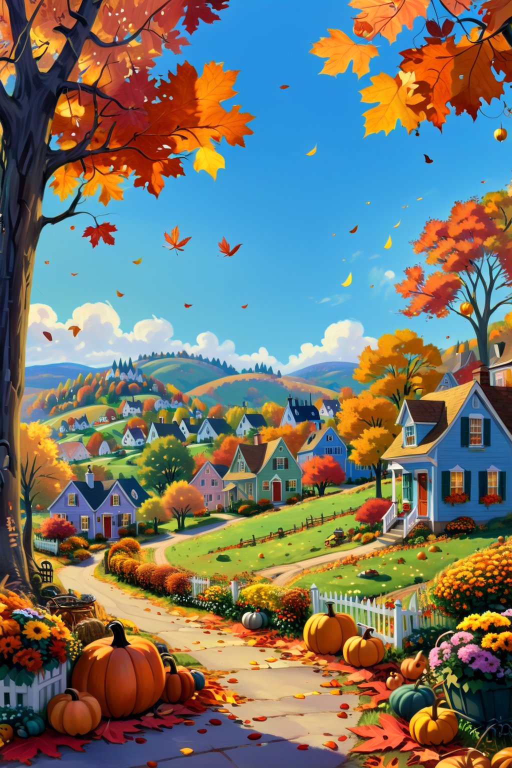 A charming, colorful illustration of a quaint village scene, an idyllic autumn day in a whimsical style reminiscent of children's book illustrations, a cluster of colorful buildings formed along a street in the foreground decorated with pumpkins, flower boxes, and autumn garlands, street lined with trees in fall colors and parked bicycles, background shows rolling hills with farmland, orchards, ponds, and more houses scattered about, landscape is painted in warm autumnal hues of orange, yellow, and brown, scene framed by fall foliage, with leaves falling around the edges of the image, 4K UHD