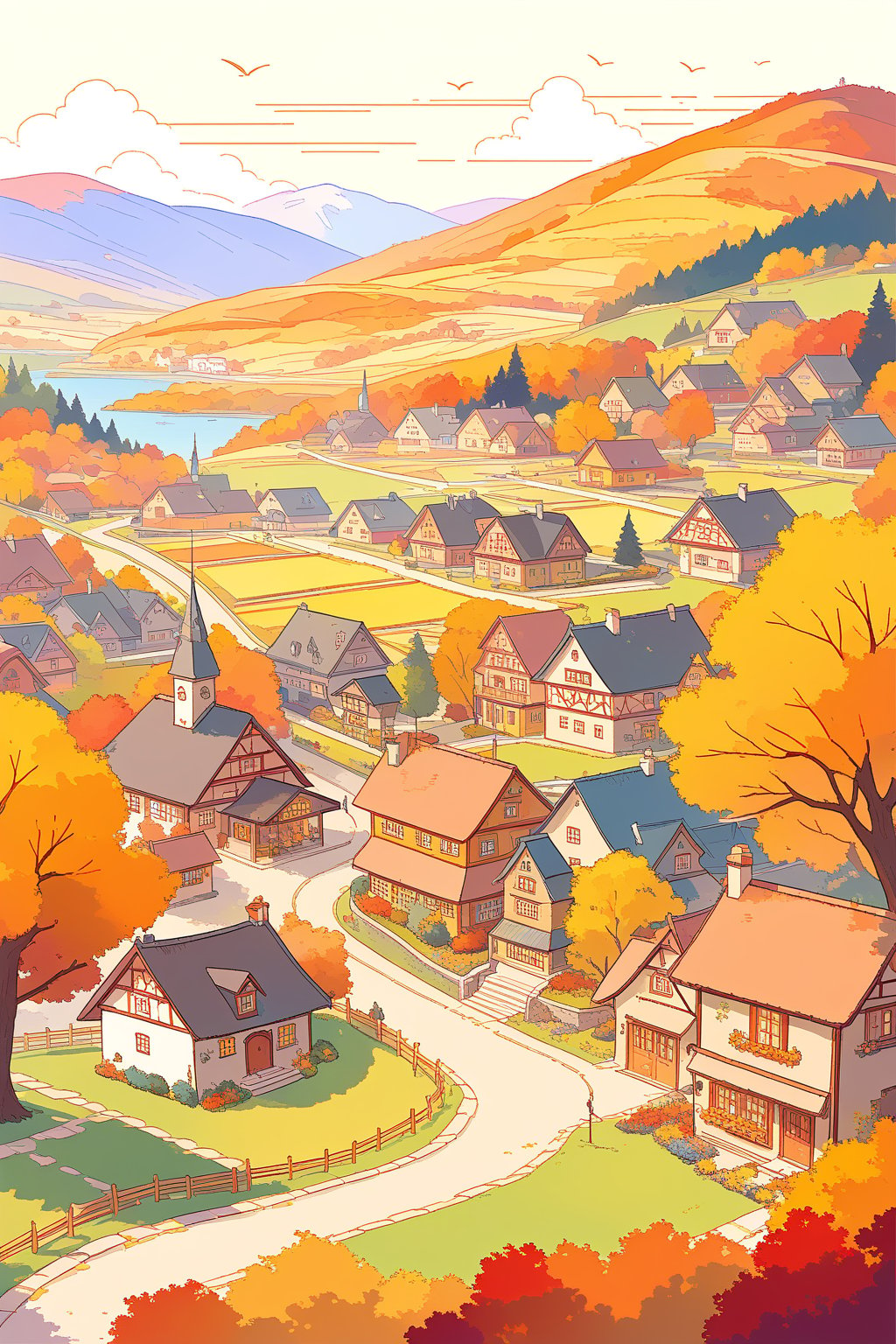 A charming, colorful illustration of a quaint village scene, an idyllic autumn day in a whimsical style reminiscent of children's book illustrations, a cluster of colorful buildings formed along a street in the foreground decorated with pumpkins, flower boxes, and autumn garlands, street lined with trees in fall colors and parked bicycles, background shows rolling hills with farmland, orchards, ponds, and more houses scattered about, landscape is painted in warm autumnal hues of orange, yellow, and brown, scene framed by fall foliage, with leaves falling around the edges of the image, 4K UHD