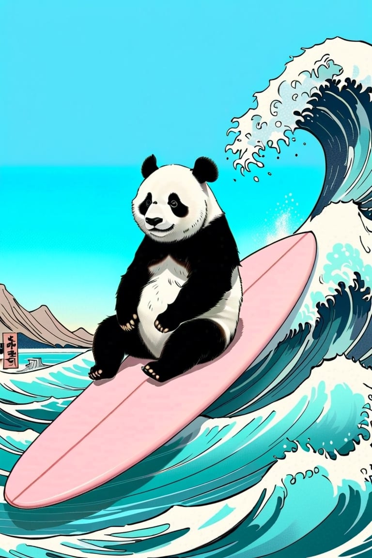 Pastel color palette, in dreamy soft pastel hues, pastelcore, pop surrealism poster illustration || A Majestic and trained panda surfing on a surfboard on The Great Wave off Kanagawa While holding a vinyl record in its hand || bright hazy pastel colors, whimsical, impossible dream, pastelpunk aesthetic fantasycore art