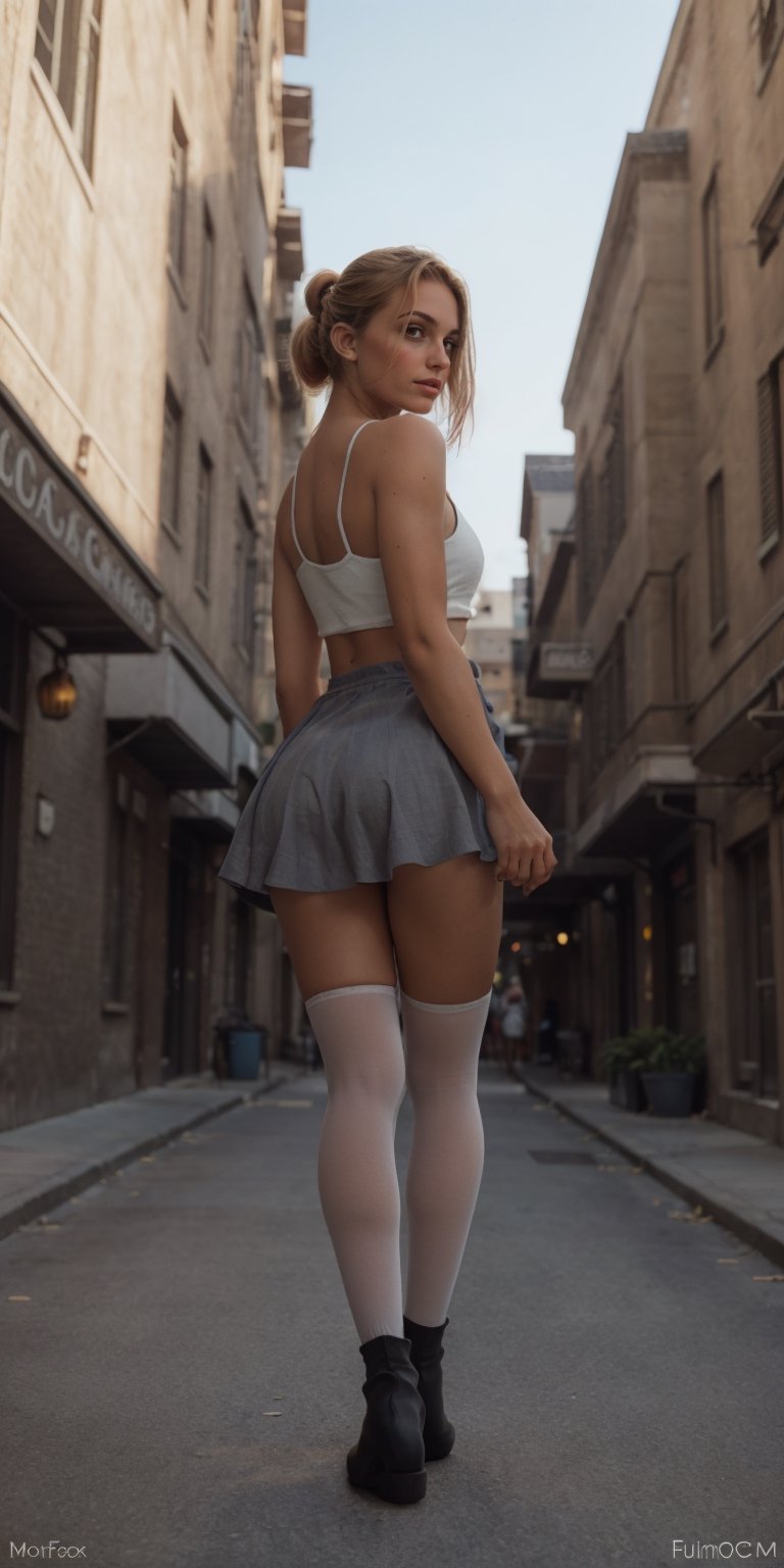 very pretty italian woman, ultra lowa angle camera from behind, focus on feet, ((sexy legs)), ((slender legs)), (black_ankle_boots), (long_white_socks:1.3), 24yo, ((tanktop and skirt)),large_round_breasts, looking over shoulder,  detailed skin, ((short blond hair in a double bun)), in a city alley, exquisite details and textures, high quality RAW photograph, detailed skin, high quality, film grain, Fujifilm XT3,photo_real, ,Sexy Pose