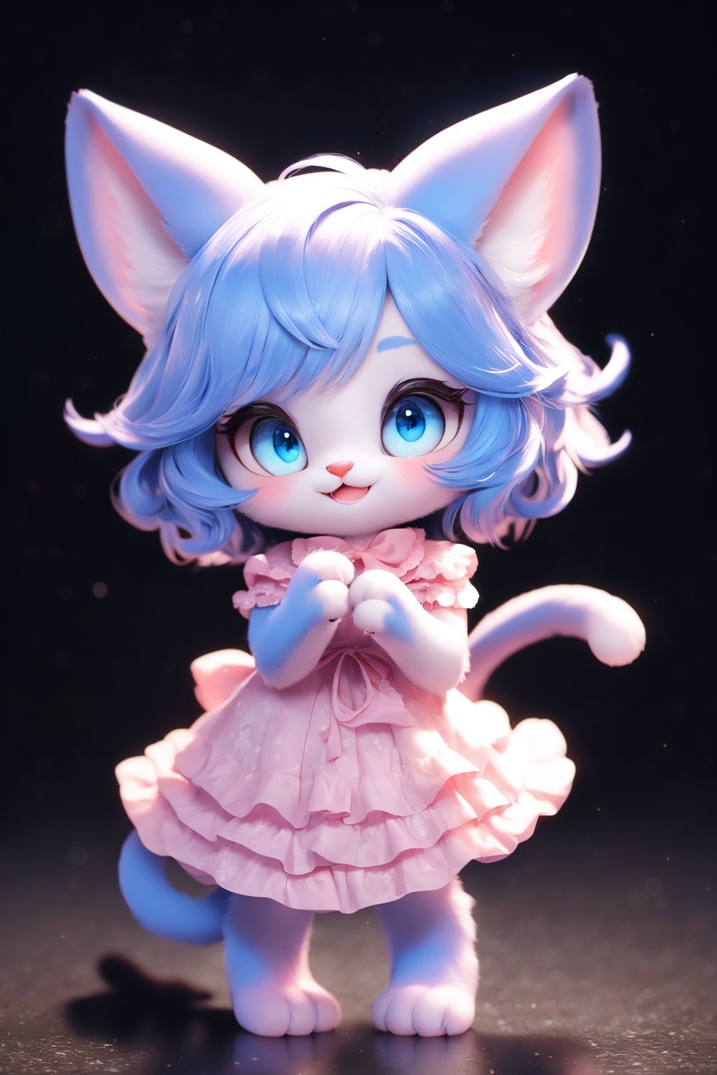 (Masterpiece, best quality:1.3), 3d, render, pvc, highly detailed, fantasy, (centered:1.3), 8k, dynamic, full body, 1girl, anthro, furry, solo, baby face, cute, smile, (detailed eyes, detailed face), blue hair, layered dress, lace, frills, (((simple background))), (details), perfect, beautiful, dreamy, colorful, vivid, cinematic, ultra-detailed, perfect hands, (depth of field), (light blush), various colors, pastel colors, (gradients), bloom:0.2, shadow, sharp focus, cat,