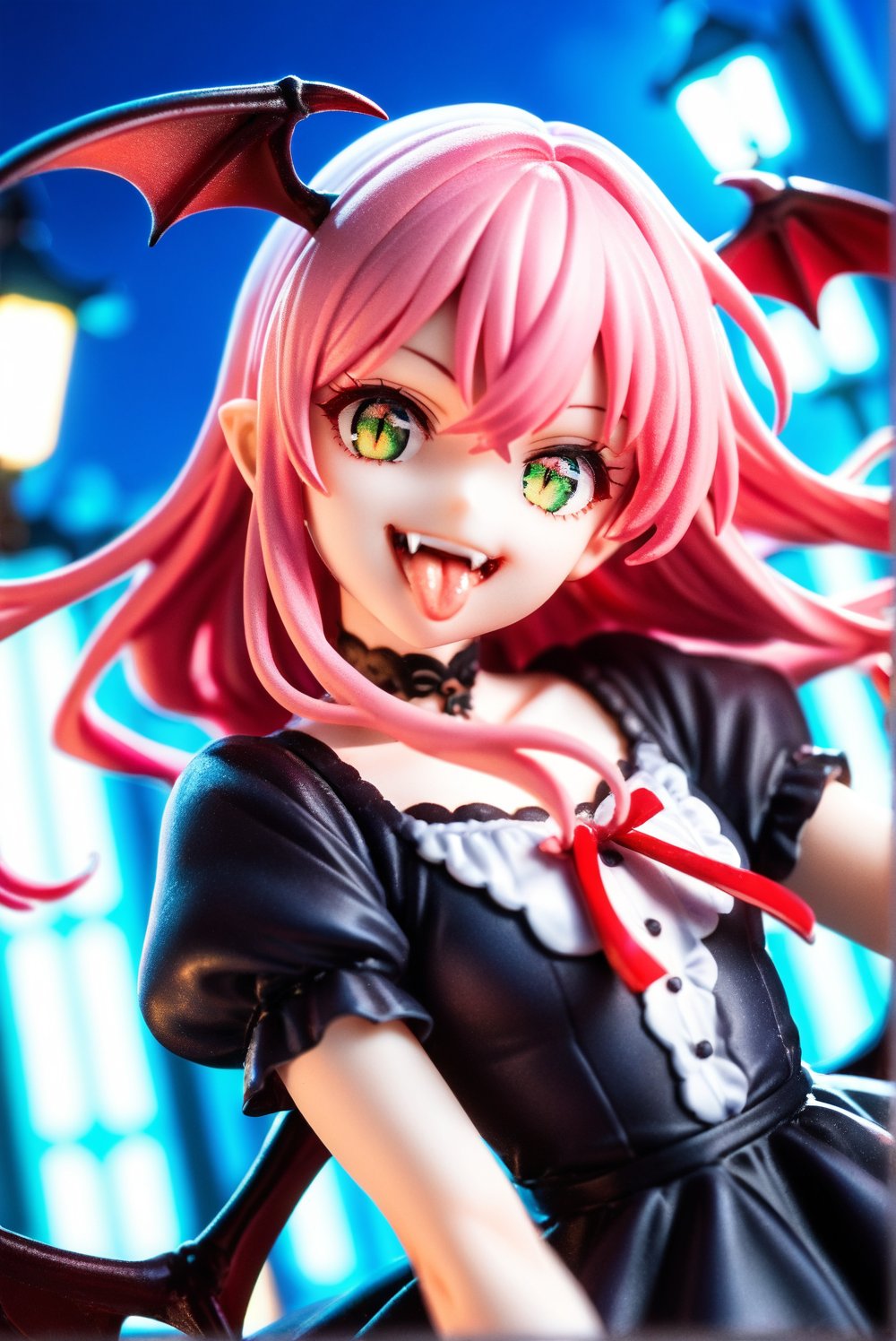 score_9, score_8_up, score_7_up, source_anime, 1girl, vampire girl, red bat wings, green eyes, pink hair, fangs, smile, showing tongue, black dress, pumpking, night, high lights, light aura, a very delicate and beautiful, (at the center:1.2), (solo:1.3), outdoors, cinematic lighting, dynamic action, dynamic angle, dynamic shot