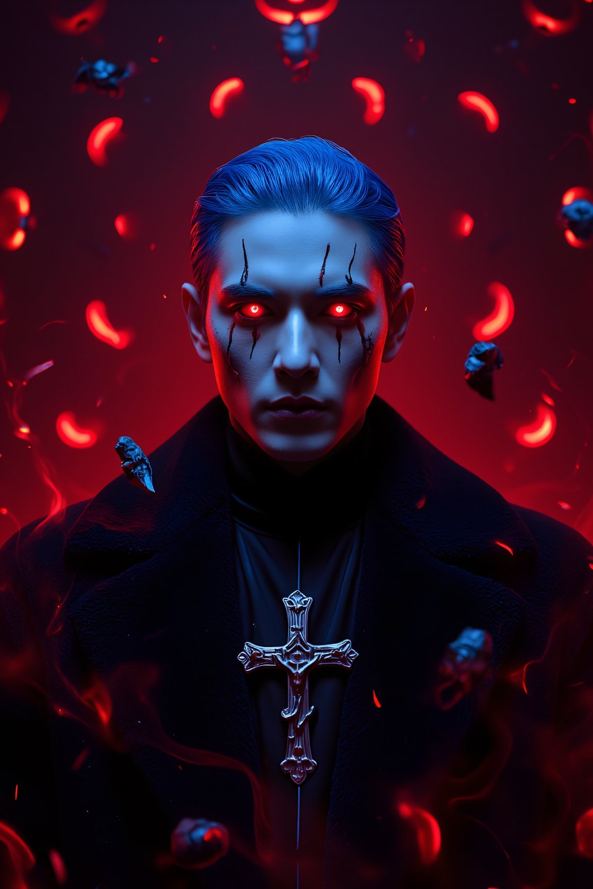 A minimalist, epic dark fantasy scene featuring a King with blue hair and long glowing red flame eyes, surrounded by deep red flames. The image is set against a Halloween theme with a Jack o' lantern, vampire, and bat in the background. The King's face is highly detailed, with cracks and a Christian cross, exuding a sense of mystery and danger. Dramatic lighting from ring lights behind accentuates the dark colors, creating a powerful and dangerous atmosphere. The composition is sharp and high resolution, focusing on the King as the main character.