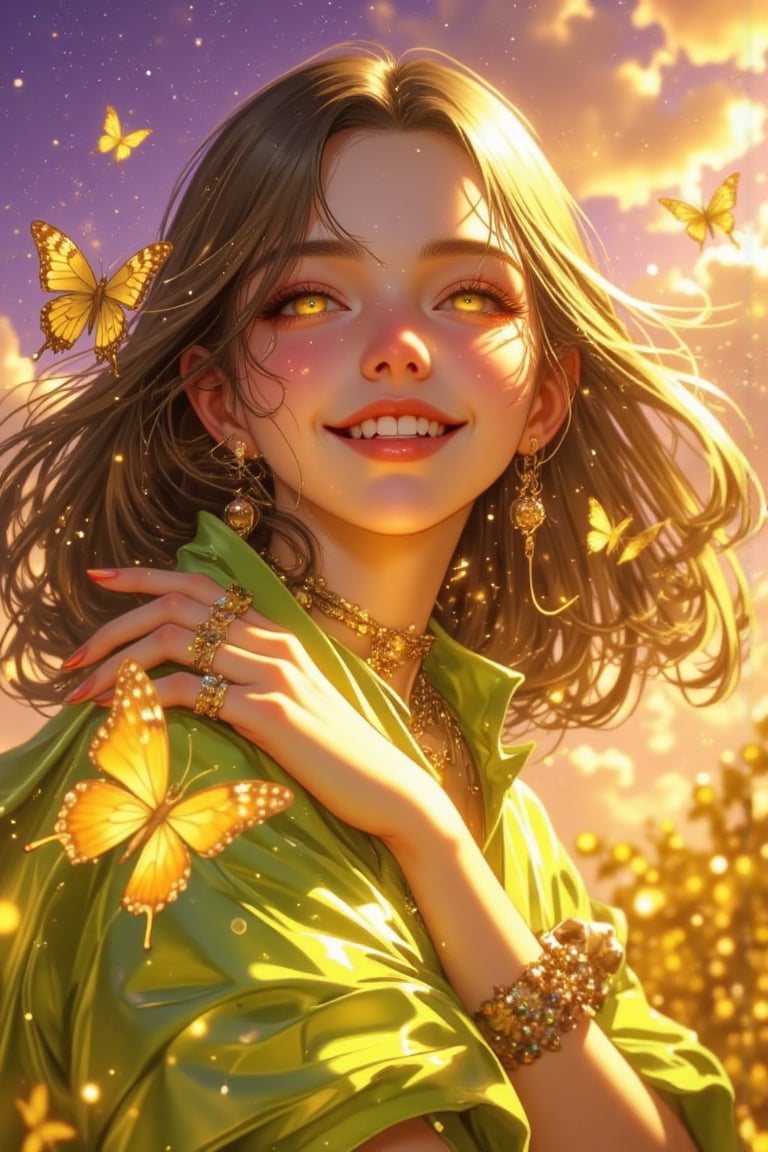 A beautiful girl with brilliant golden light,  shimmering effects,  and golden butterflies flying around. Facial expressio...