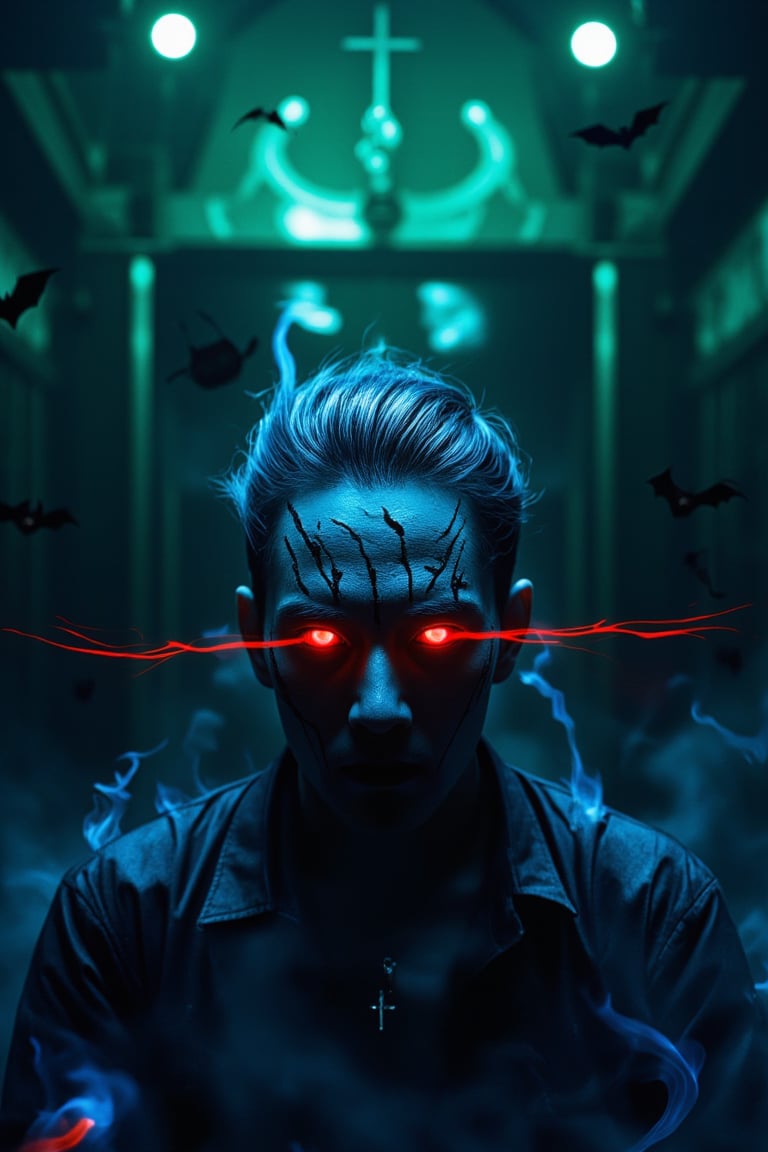 fullbody, A minimalist, epic dark fantasy scene featuring a King with blue hair and long glowing red flame eyes, surrounded by deep blue flames. The image is set against a Halloween theme with a Jack o' lantern, vampire, and bat in the background. The King's face is highly detailed, with cracks and a Christian cross, exuding a sense of mystery and danger. Dramatic lighting from ring lights behind accentuates the dark green colors, creating a powerful and dangerous atmosphere. The composition is sharp and high resolution, focusing on the King as the main character.