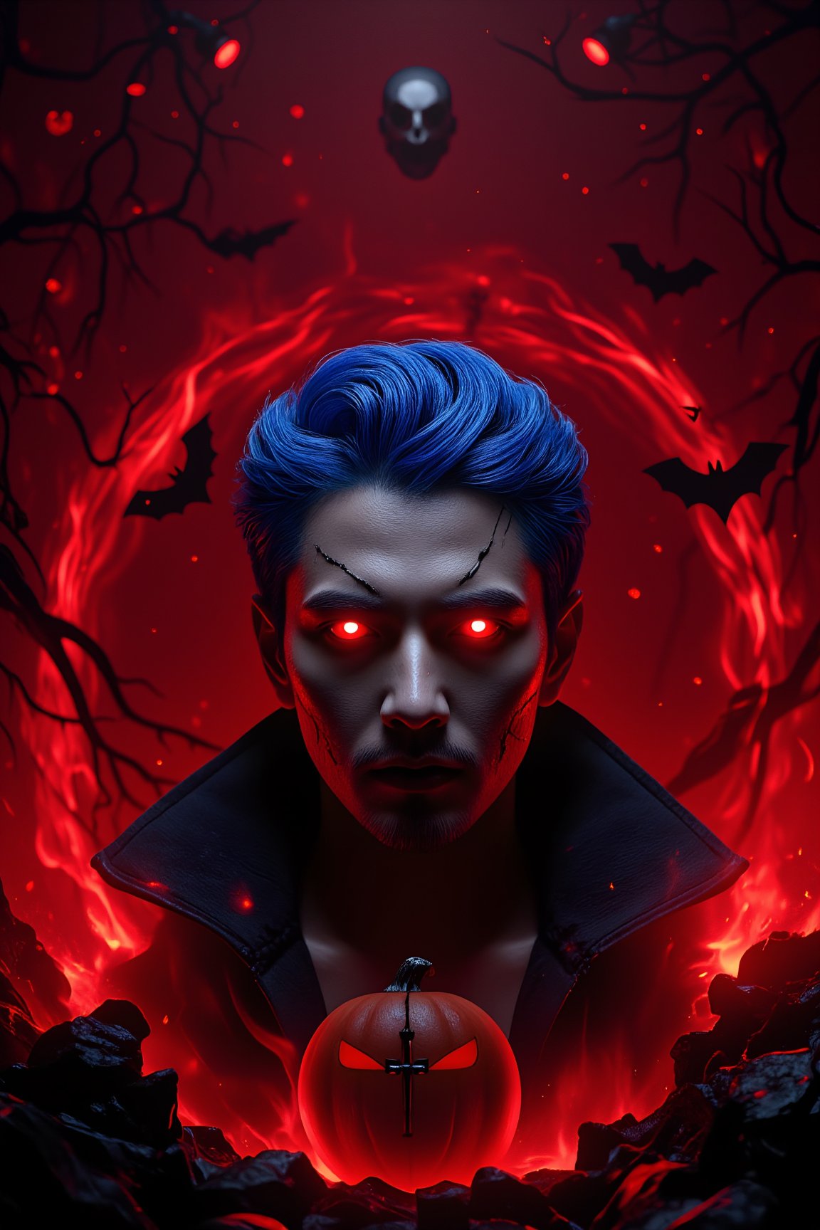 A minimalist, epic dark fantasy scene featuring a King with blue hair and long glowing red flame eyes, surrounded by deep red flames. The image is set against a Halloween theme with a Jack o' lantern, vampire, and bat in the background. The King's face is highly detailed, with cracks and a Christian cross, exuding a sense of mystery and danger. Dramatic lighting from ring lights behind accentuates the dark colors, creating a powerful and dangerous atmosphere. The composition is sharp and high resolution, focusing on the King as the main character.