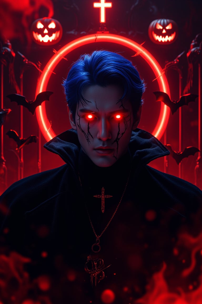 A minimalist, epic dark fantasy scene featuring a King with blue hair and long glowing red flame eyes, surrounded by deep red flames. The image is set against a Halloween theme with a Jack o' lantern, vampire, and bat in the background. The King's face is highly detailed, with cracks and a Christian cross, exuding a sense of mystery and danger. Dramatic lighting from ring lights behind accentuates the dark colors, creating a powerful and dangerous atmosphere. The composition is sharp and high resolution, focusing on the King as the main character.