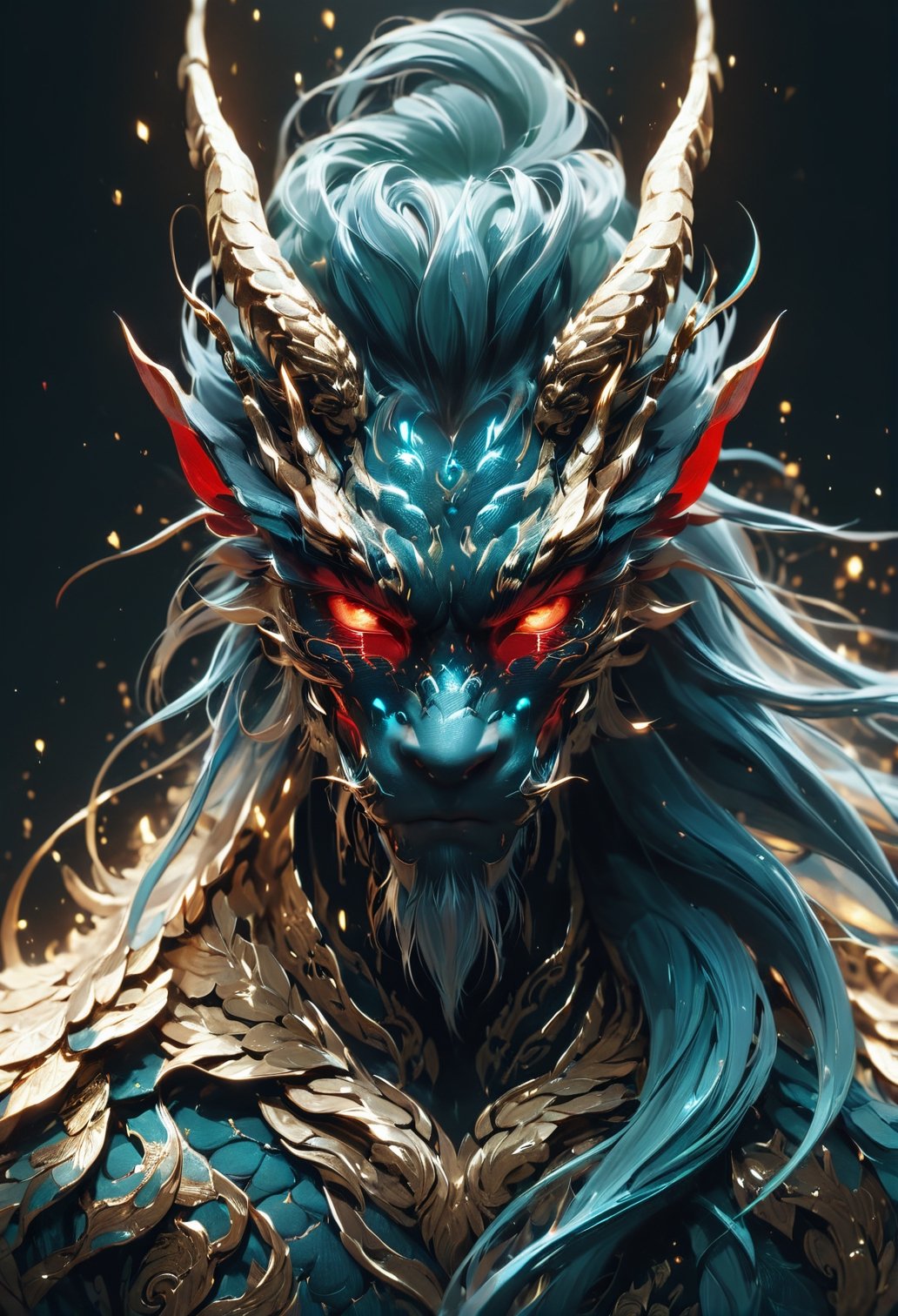 minimalism style, WLOP art style, male, facial muscles,  eye light, dragon behind, cinematic foootage,  fantasy, intricate details,8k post production,dark green blue red white gold tone