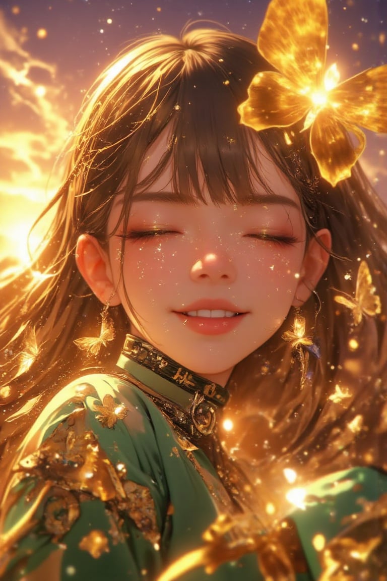 A beautiful girl with brilliant golden light,  eyes half-closed,  shimmering effects by Lucifer XIII on Tensor.Art
