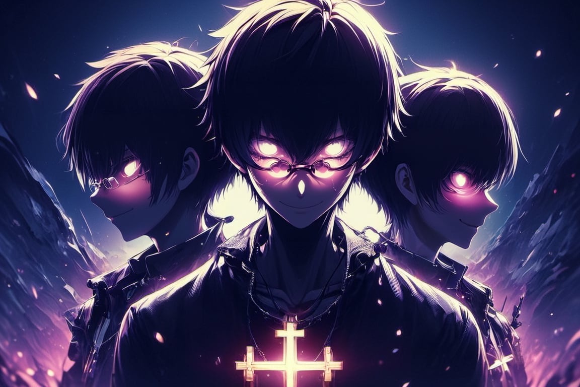 looking at viewer, smile, short hair, bangs, multiple girls, shirt, black hair, 2girls, hair between eyes, jewelry, closed mouth, jacket, upper body, ahoge, multiple boys, glasses, necklace, profile, glowing, 3boys, cross, glowing eyes, 4boys, cross necklace,dark anime,dark fantasy