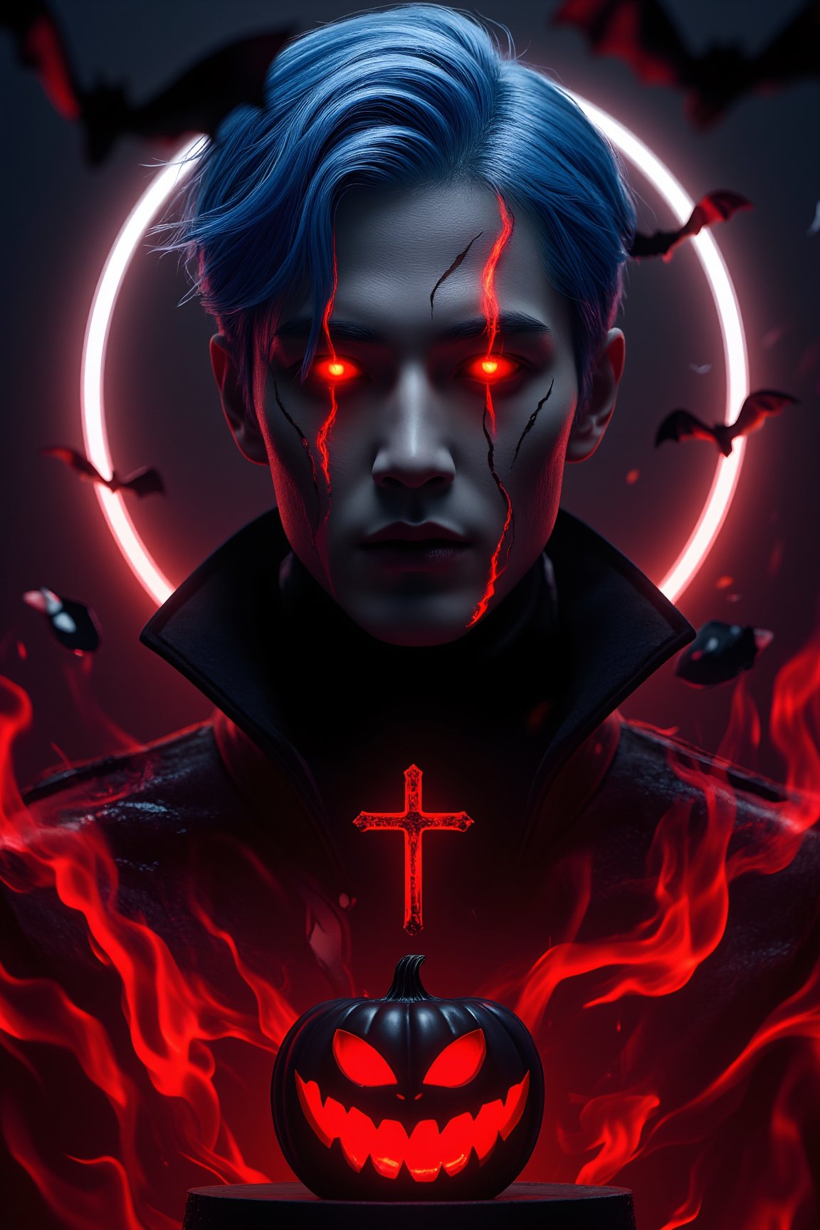 A minimalist, epic dark fantasy scene featuring a King with blue hair and long glowing red flame eyes, surrounded by deep red flames. The image is set against a Halloween theme with a Jack o' lantern, vampire, and bat in the background. The King's face is highly detailed, with cracks and a Christian cross, exuding a sense of mystery and danger. Dramatic lighting from ring lights behind accentuates the dark colors, creating a powerful and dangerous atmosphere. The composition is sharp and high resolution, focusing on the King as the main character.