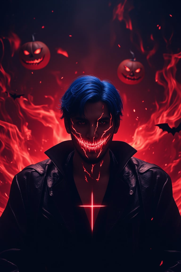 A minimalist, epic dark fantasy scene featuring a King with blue hair and long glowing red flame eyes, surrounded by deep red flames. The image is set against a Halloween theme with a Jack o' lantern, vampire, and bat in the background. The King's face is highly detailed, with cracks and a Christian cross, exuding a sense of mystery and danger. Dramatic lighting from ring lights behind accentuates the dark colors, creating a powerful and dangerous atmosphere. The composition is sharp and high resolution, focusing on the King as the main character.