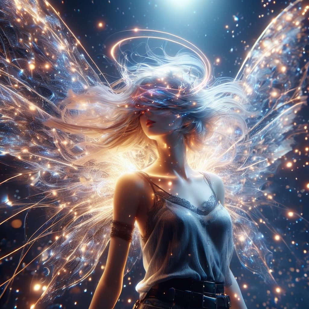 3d, 3d graphics unreal 5, final fantasy,realistic,minimalism style, woman,darksoul,platinu,meme,light string big wings,hdr,royal,ghostly beauty, windy,raw photo,reflect,lighting,intricately detailed,Electric spark, Flying embers, fireflies, cinematic, Bright circle on head,cinematic,fantastic background,ghost blade art style,thin clothes,fantastic,short,digitalart,high detail,high detail skin,real skin,high resolution, high quality, motion blur effect, sexy