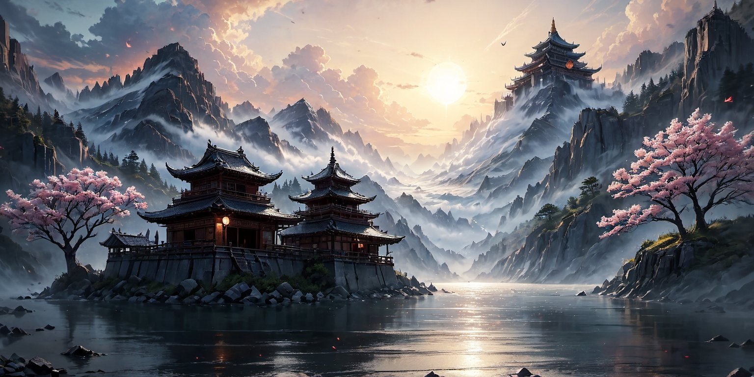 High altitude mountain river and cloud landscape backgroud, temple ,windy,  fog,mortals cultivate immortals, masterpiece, best quality, beautiful and perfect face, random color dress, action move, torn clothes ,super detailed, super realistic,super fine detail depiction, high resolution, abstract beauty, stand, approaching perfection, pure form, unfinished, intricate details, 8k post production, high resolution, hyperdetailed, trending on artstation, sharp focus, intricate details, highly detailed, cinematic, cinematic lightings, cinematic film color, perfect hand, high detail, high detail skin, real skin, 8k, high_resolution, high quality,dark anime,niji style,dark fantasy,Orient Style,ghibli style,realistic,painting sketch,flat design,anime style,3D rendering,acrylic,water color,xxmixgirl