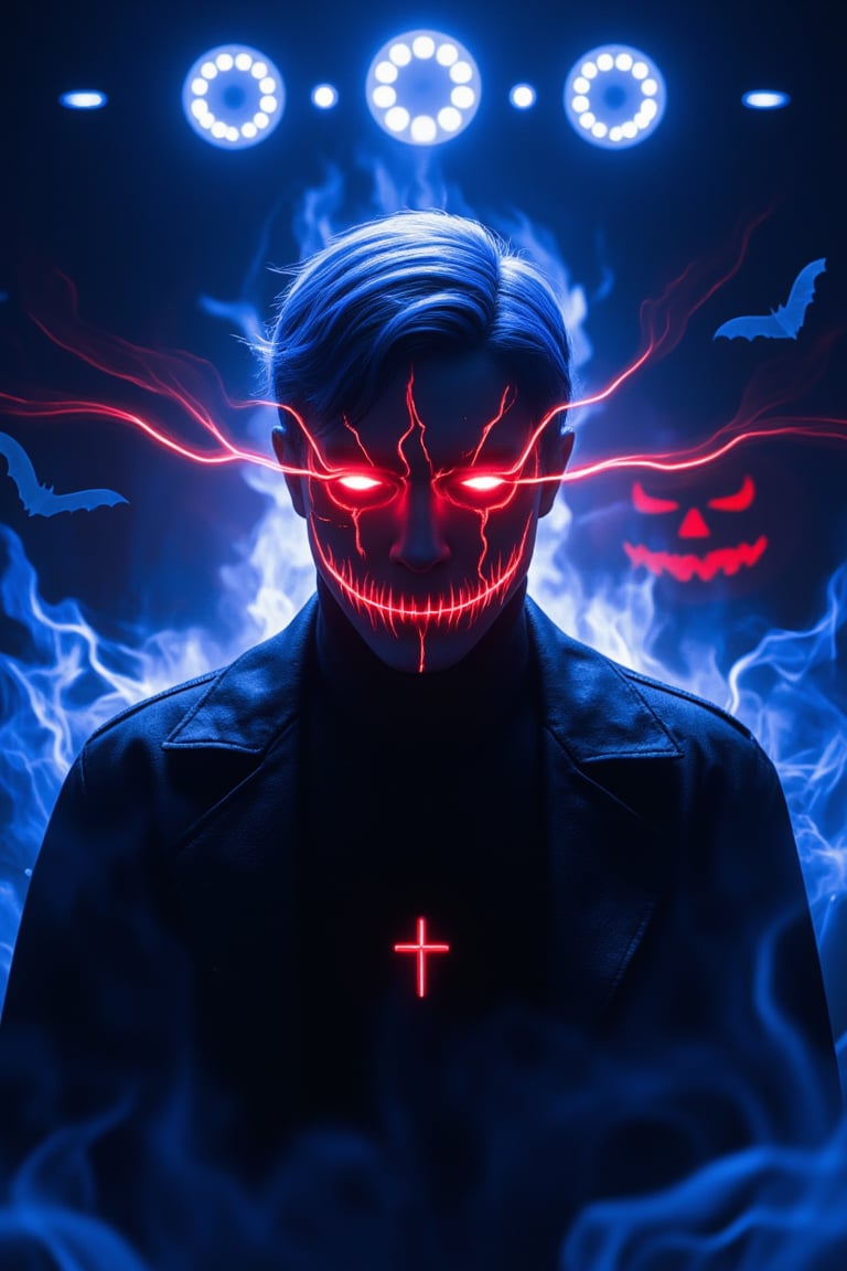 A minimalist, epic dark fantasy scene featuring a King with blue hair and long glowing red flame eyes, surrounded by deep blue flames. The image is set against a Halloween theme with a Jack o' lantern, vampire, and bat in the background. The King's face is highly detailed, with cracks and a Christian cross, exuding a sense of mystery and danger. Dramatic lighting from ring lights behind accentuates the dark colors, creating a powerful and dangerous atmosphere. The composition is sharp and high resolution, focusing on the King as the main character.