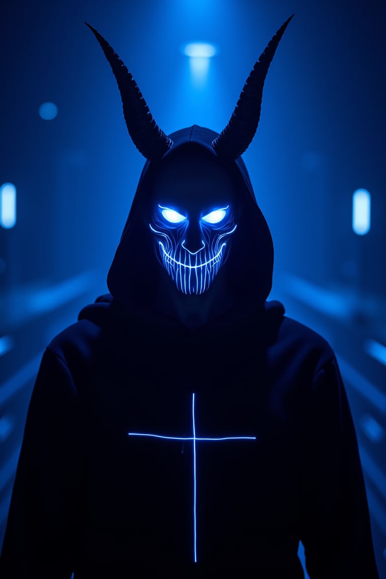 An eye-level perspective of a demon demon with horns on his head. The demon's face is covered in glowing blue lights, creating a striking contrast against the dark background. The figure's head is encased in a black robe, adorned with a white cross, adding a pop of color to the scene. The horns on the head are pointed downward, adding depth to the overall composition. The background is a deep blue, with a few white lights visible in the distance.