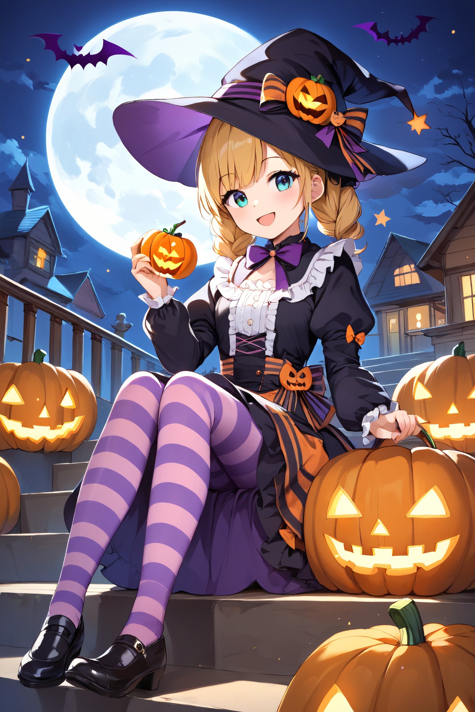 score_9, score_8_up, score_7_up, source_anime, rating_safe, smiling girl in a Halloween dress and a witch hat  sitting on the wooden stairs with jack-o-lanterns around it, hat with pumpkin mascots, cute dress, puffy long sleeves, yellow and purple striped tights, jack-o'-lantern, halloween, candy, sitting, pumpkin, moon, pantyhose, outdoors, night, sfw,