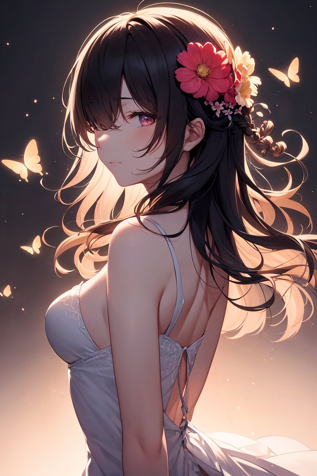 (absurdres, highres, ultra detailed, high resolution: 1.1), 1 girl, solo, kawaii, medium breasts, neon theme, suprematism, flower, flower and hair is same color, beautifuly color, face, hair is becoming flower, butterfly, back light, hair and clothes is flower, upper body, hair with body, webbed dress, big top sleeves, hair over one eye, flower leg, flower hands, body with flower, flower with clothes , dress with flower, light particles, black background, hair with flower, breasts with flower, floating hair with flower, marbling with hair and clothes, looking at viewer, arm down, paper cutting, flower forground, wavy hair, diffusion lighting, butterfly with body, perfect,