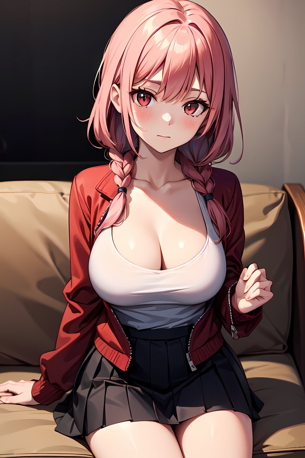 (absurdres,  highres,  ultra detailed,  high resolution: 1.1)
BREAK
1girl, solo, large_breasts,
BREAK
red_eyes, pink_hair, braid,
BREAK
jacket, red_jacket, black_skirt, miniskirt, pleated_skirt, skirt, collarbone,
BREAK
couch, looking_at_viewer, sitting,
BREAK
nice hands,  perfect hands,