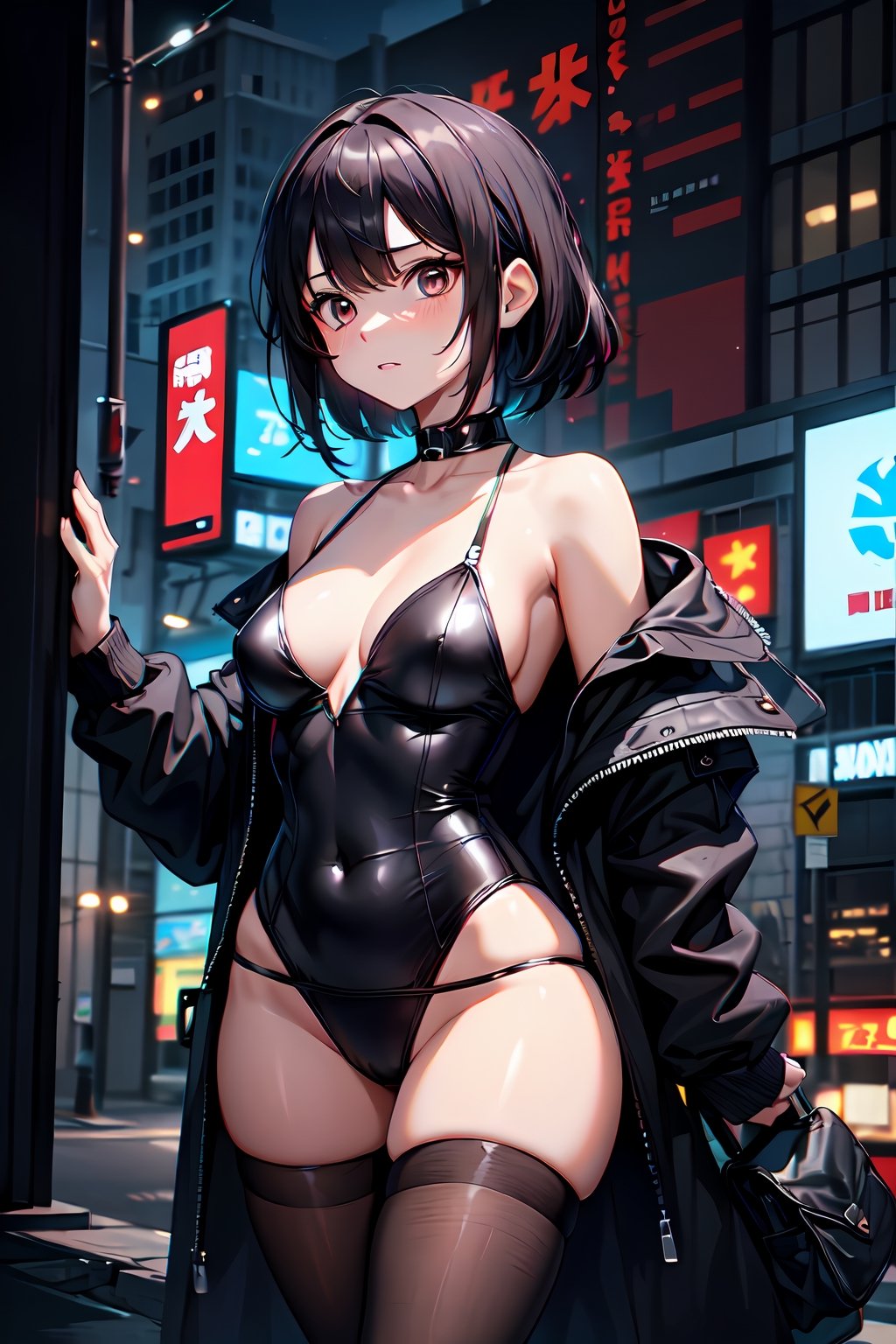 (absurdres,  highres,  ultra detailed,  high resolution: 1.1)
BREAK
1girl,  embarrassed,  medium breasts, 
BREAK
black panties, open jacket, bare shoulders, 
BREAK
glow, neon, city, cyberpunk, horror \(theme\), air particles, (blurry background:1.2), DoF, Deep_on_field, bare lags, hip focus, bare hip,
BREAK
nice hands,  perfect hands,