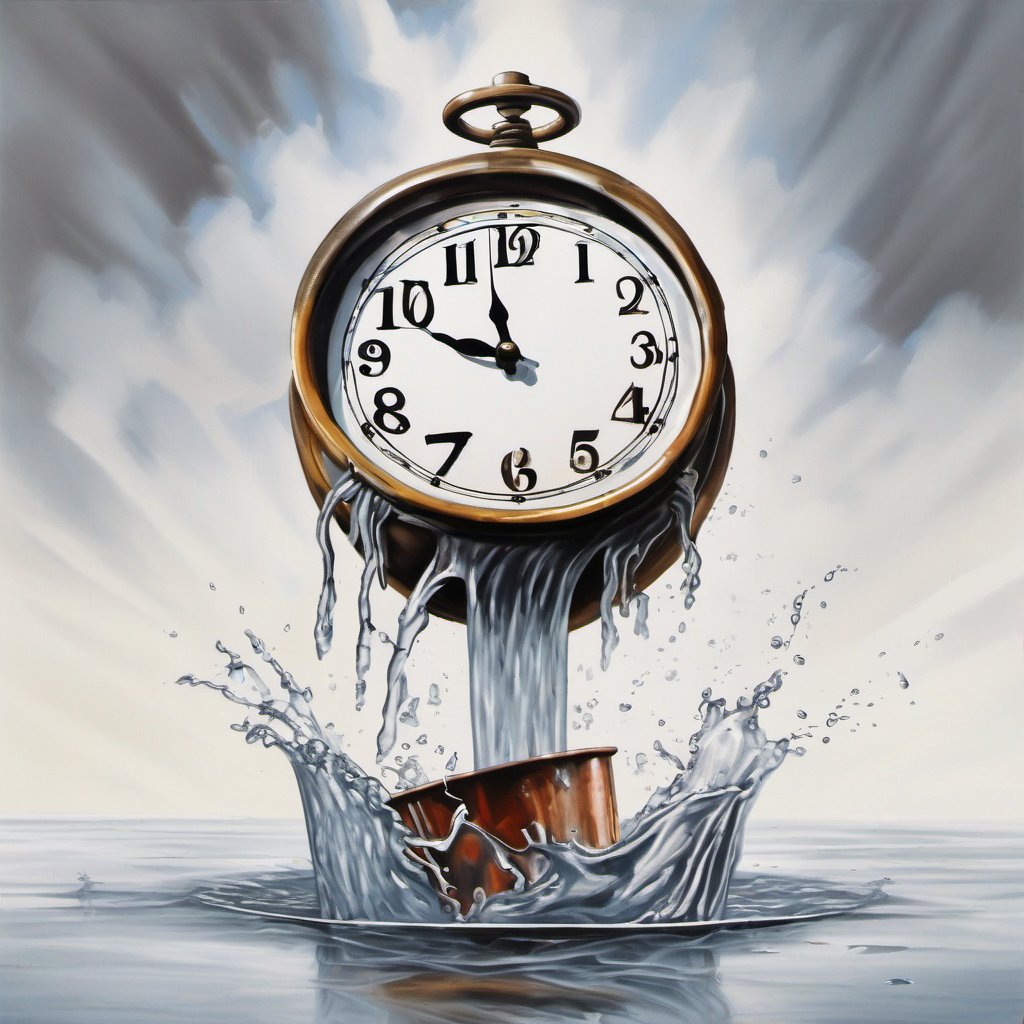 (clock 0.5), The clock floats above the bucket, The clock is wrung out by a pair of hands, The wrung out water falls into the bucket, Surrealism, wide angle, wide shot, white background, oil painting