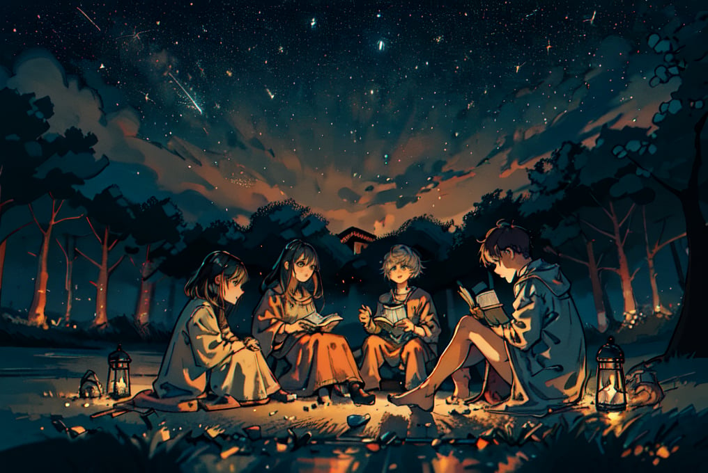 masterpiece, best quality, wide angle, 3people, reading on the gressground, under the night sky, stars twinkling brightly, numerous sparks and fireflies filling the air, seated on a cozy blanket, leaning slightly forward engrossed in reading, a book propped open with one hand, the other holding a firefly in mid-air