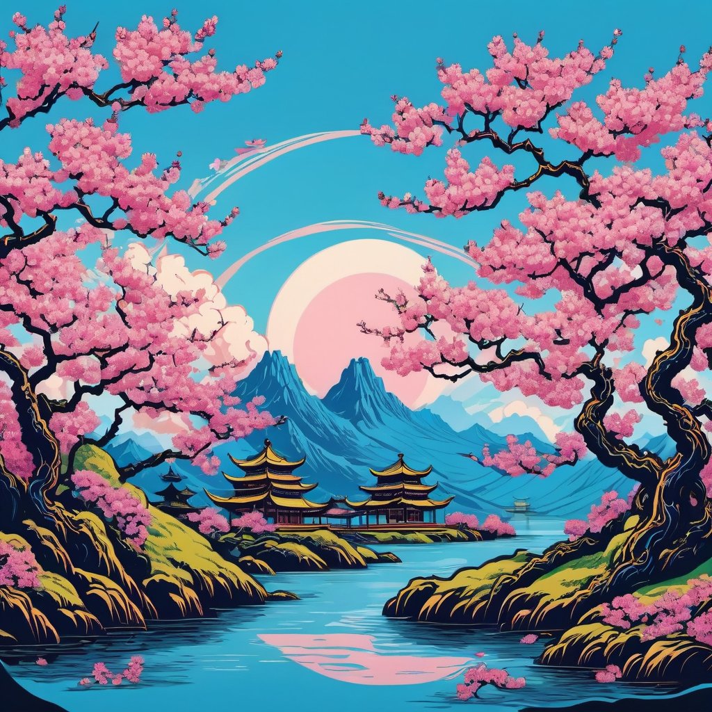 Leonardo Style, illustration,Centred vector art, high contrast, Well-defined black lines, Imagine a high-quality, 4K photograph capturing the essence of spring in its purest form. A close-up shot of cherry blossoms in exquisite detail, their soft, pink hues contrasting beautifully with the azure sky. The photo exudes a sense of tranquility, inviting you to immerse yourself in the delicate beauty of nature, traditional Chinese style, intense dark colors , LSD trip style ,  Centred vector art, ,oni style