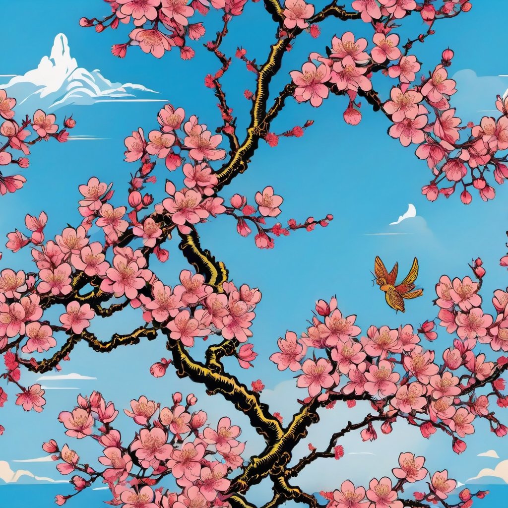 Leonardo Style, illustration,Centred vector art, high contrast, Well-defined black lines, Imagine a high-quality, 4K photograph capturing the essence of spring in its purest form. A close-up shot of cherry blossoms in exquisite detail, their soft, pink hues contrasting beautifully with the azure sky. The photo exudes a sense of tranquility, inviting you to immerse yourself in the delicate beauty of nature, traditional Chinese style, intense dark colors , LSD trip style ,  Centred vector art, ,oni style