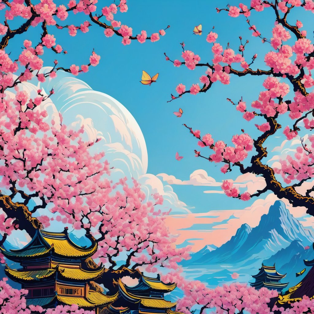 Leonardo Style, illustration,Centred vector art, high contrast, Well-defined black lines, Imagine a high-quality, 4K photograph capturing the essence of spring in its purest form. A close-up shot of cherry blossoms in exquisite detail, their soft, pink hues contrasting beautifully with the azure sky. The photo exudes a sense of tranquility, inviting you to immerse yourself in the delicate beauty of nature, traditional Chinese style, intense dark colors , LSD trip style ,  Centred vector art, ,oni style