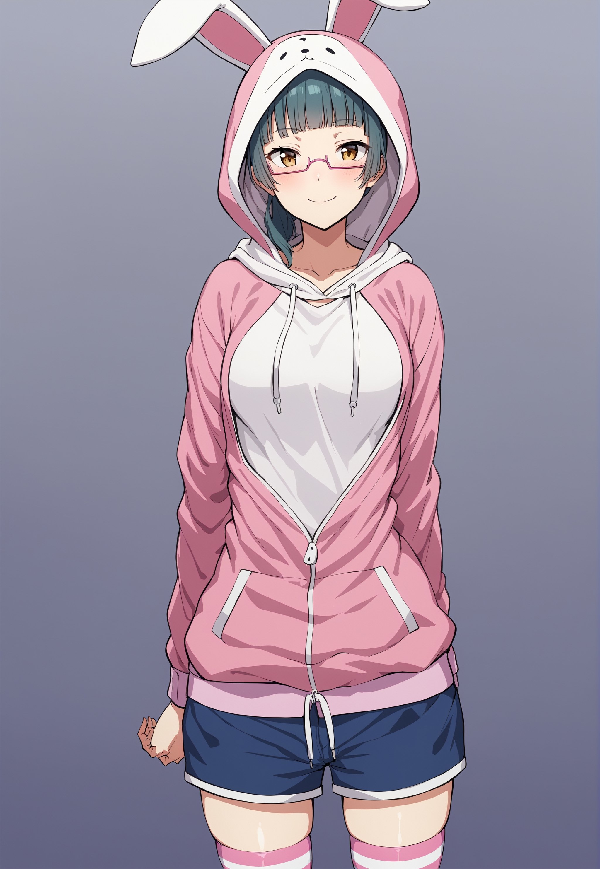 1girl, hood, solo, smile, thighhighs,:), shorts, hoodie, looking at viewer, arms behind back, striped thighhighs, animal hood,rabbit hood, bangs, animal ears, striped, closed mouth, blush, pink hoodie, long sleeves, cowboy shot, jacket, fake animal ears, short shorts, collarbone, shirt, pink jacket, white shirt, hood up, open clothes, drawstring, blue shorts, rabbit ears, white hoodie, pink thighhighs