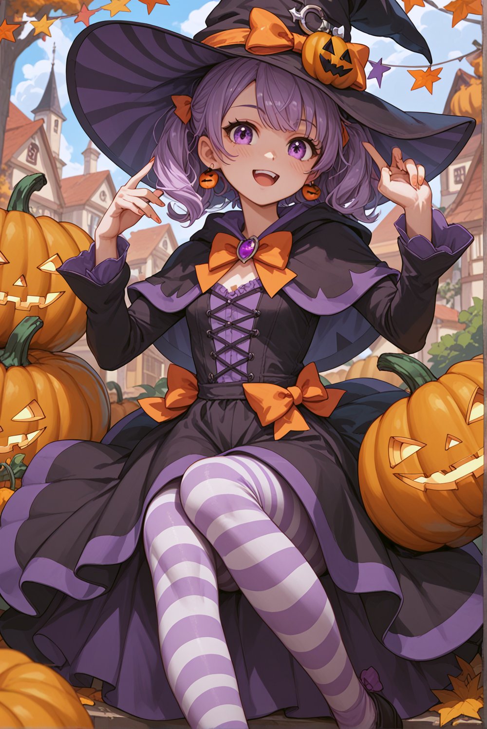 score_9, score_8_up, score_7_up, source_anime, cute girl wearing a witch costume,purple striped tights, hat with pumpkin mascots, 