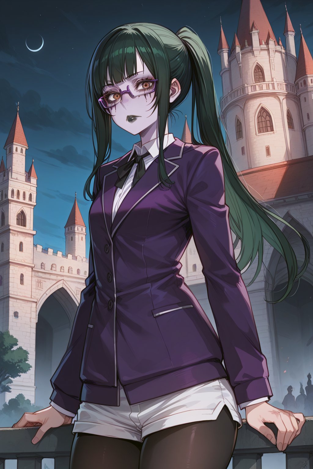 score_9, score_8_up, score_7_up, score_6_up, score_5_up, source_anime,loli,looking at viewer,purple skin,(zombie girl),black hair,black eye,((stitched face)),(castle,night,darkness),gothic_lolita,portrait,black lipstick,tear makeup,ratatatat74 artstyle,maki exp, green hair, ponytail, long hair, brown eyes, purple glasses, side locks, school uniform, jacket,purple jacket, long sleeves, white shorts, leggings, leggings under shorts