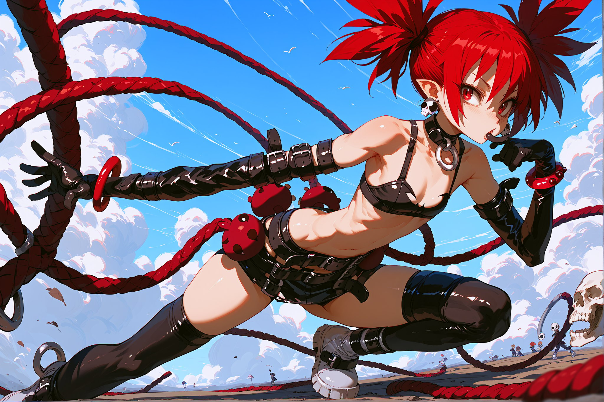 (score_9, score_8_up, score_7_up),etna outfit one, black bikini top, silver footwear, black thighhighs, o-ring choker, black choker, miniskirt, skull earrings, multibelt skirt, red bracelets, ankle belts, black elbow gloves